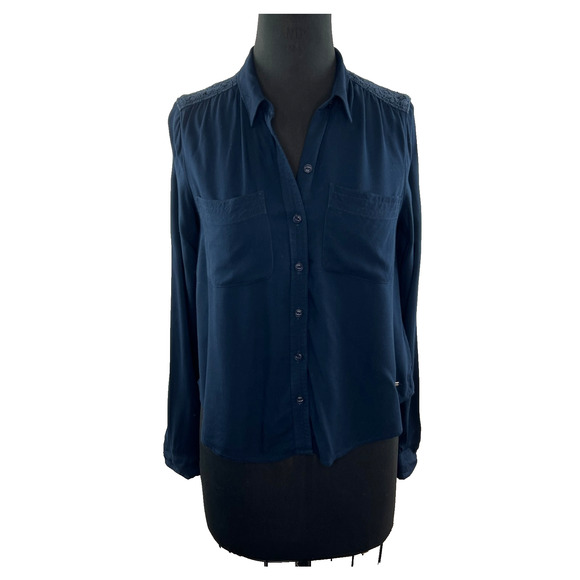 SUPERDRY Japan Navy Blue Button Down Lace Back Top Blouse Shirt XS - Picture 1 of 8